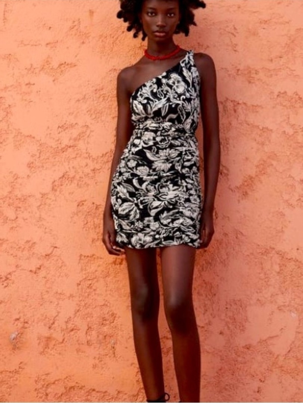 One-Shoulder Black & White Floral Mini Dress Size Small